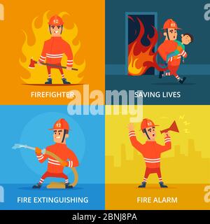 Conceptual pictures of firefighter and work equipment Stock Vector