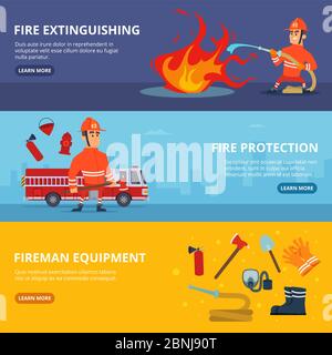 Horizontal banners with illustrations of firefighter in uniform Stock Vector
