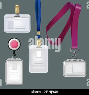 Illustrations of realistic templates of personal badges, security plastic cards Stock Vector