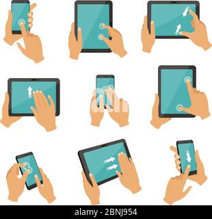 Illustrations of gestures to control different devices tablets and smartphones Stock Vector