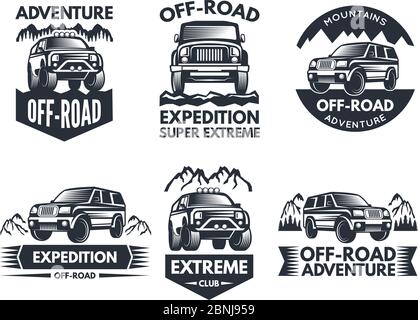 Off road symbols. Labels with 4x4 truck. Logos or labels with suv cars Stock Vector