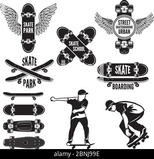 Illustrations of skating and labels for skateboarders. Vector monochrome pictures Stock Vector