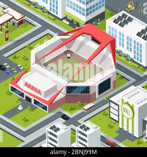 Isometric urban landscape with modern building of stadium Stock Vector