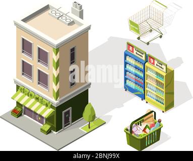 Isometric tools for supermarket. 3d illustrations of shopping basket Stock Vector