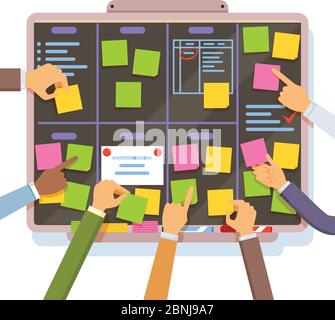 Agile project plan. Hands holding and put notes on the planning board Stock Vector