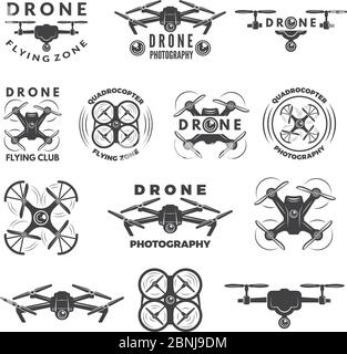 Set labels with different illustrations of drones Stock Vector