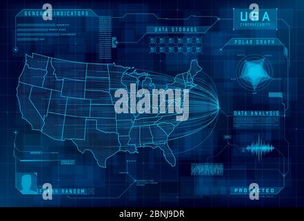 HUD map of the USA. Set of HUD callout design elements. Cybersecurity, information security, big data analytics, safety system. Futuristic digital Stock Vector