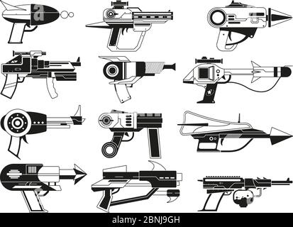 Monochrome illustrations of futuristic weapons for astronauts Stock Vector