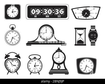 Monochrome illustrations of different clocks. Alarm and bells Stock Vector