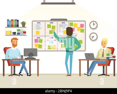 Meeting white board with color stickers. Scrum task board with sticky notes  of daily plan vector illustration. Sticker board for planning teamwork  Stock Vector Image & Art - Alamy
