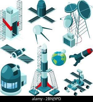 Different constructions in space center for rocket launch Stock Vector