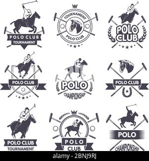 Sport labels for polo games. Monochrome silhouette of jockey and horse Stock Vector