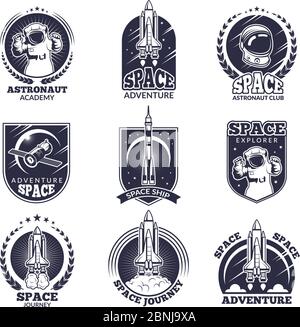 Monochrome labels for astronauts. Vector badges templates with place for your text Stock Vector