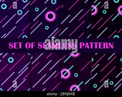 Cyberpunk set of seamless pattern. 80s retro sci-fi background. Neon round and linear light rays. Vector illustration Stock Vector