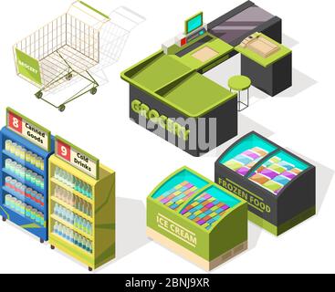 Isometric constructions for supermarket or warehouse. Shopping cart, terminal and food counters Stock Vector
