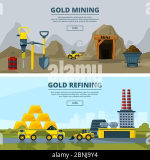 Vector banners set with illustrations of mining industry Stock Vector