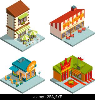 Restaurants and coffee houses. Isometric buildings Stock Vector