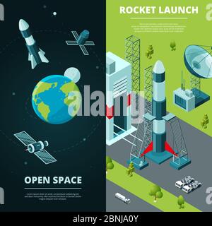 Vertical banners with pictures of space travel and launch pad in spaceport Stock Vector