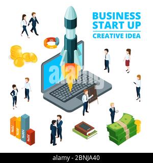 Concept illustration of starting business. Startup visualization. 3d isometric pictures Stock Vector