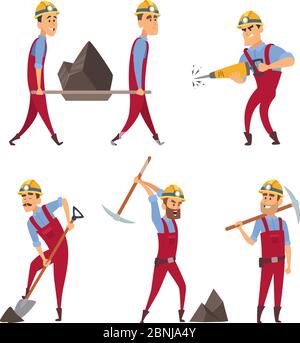 Set of working people. Miners in different action poses Stock Vector