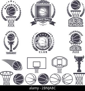 Sport logos with basketball monochrome pictures. Vector labels set isolate on white Stock Vector