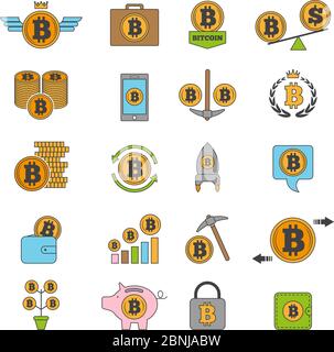 Icon set of crypto business. Bitcoin and others alt coins from blockchain technology Stock Vector