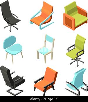 Office furniture. Different chairs and armchairs from leather. Isometric pictures Stock Vector