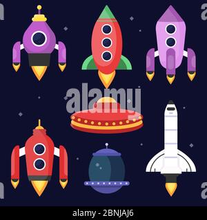 Rockets and space shuttles. Vector illustrations in flat style Stock Vector