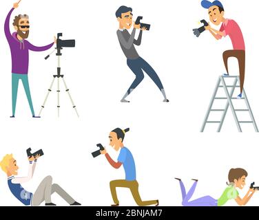 Set of photographers at work. Male and female cartoon characters with digital cameras Stock Vector