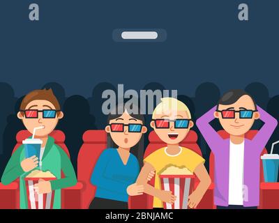 Funny characters watching scary movie in cinema Stock Vector