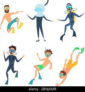 Cartoon illustrations of sea divers funny characters Stock Vector