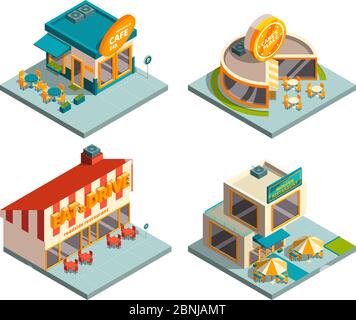 City cafe buildings. Isometric pictures Stock Vector