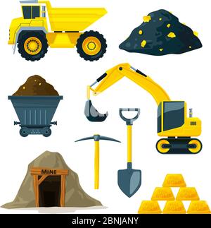 Illustrations of mining industry at different minerals, gold and diamonds Stock Vector