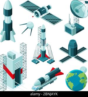 Isometric pictures of different tools and constructions for space center Stock Vector