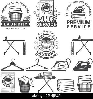 Monochrome labels of laundry service. Illustrations of washing machines Stock Vector