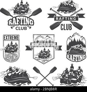 Labels for sport club of extreme dangerous water sport. Vector pictures of rafting Stock Vector