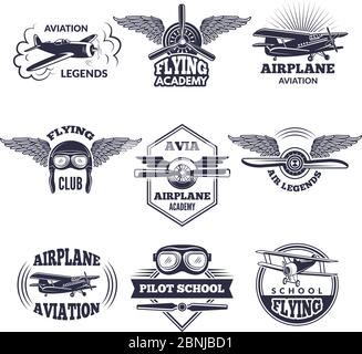 Labels at aircrafts theme. Vector monochrome illustrations of airplanes Stock Vector