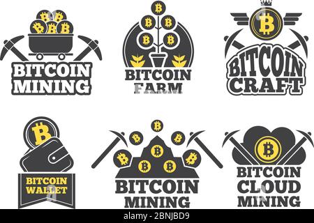 Labels or logos for companies. Monochrome badges for crypto industry Stock Vector