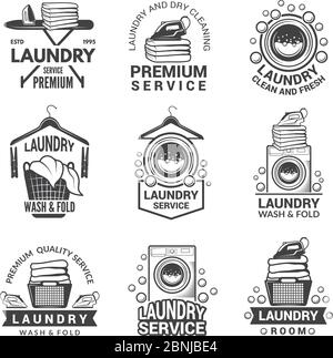 Labels or logos for laundry service. Vector monochrome pictures Stock Vector
