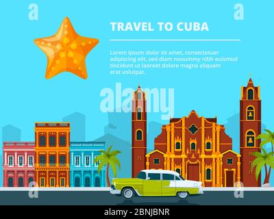 Urban landscape of cuba. Different historical symbols and landmarks Stock Vector