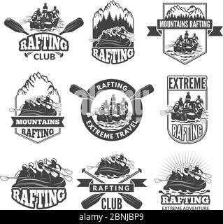 Vintage monochrome labels for dangerous water sports. Symbols of rafting. Pictures of kayak Stock Vector