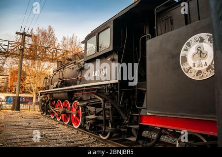 0751 steam locomotive outside ACE Cafe, Beijing China seen in winter Stock Photo