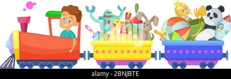 Childrens toys in train. Vector cartoon illustrations isolate on white Stock Vector