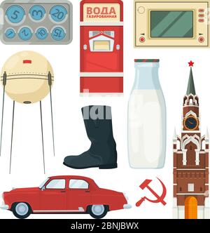 Isolated vector collection of historical landmarks and symbols of USSR with carbonated water text Stock Vector