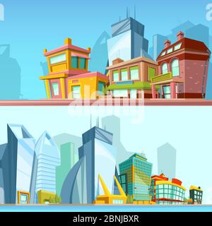 Horizontal banners with urban streets and modern buildings. Illustrations in cartoon style Stock Vector
