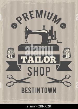 Sewing machine tailor shop poster, vector vintage card for design ...