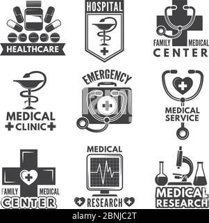 Pharmacy, chemistry or medicine labels set. Vector monochrome logos template Stock Vector