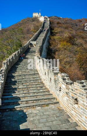 The Great Wall snaking its way across the hills. Mutianyu section, Beijing, China. Stock Photo