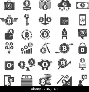 Monochrome symbols of virtual money. Electronic blockchain industry. Web wallets and other icons of crypto business Stock Vector