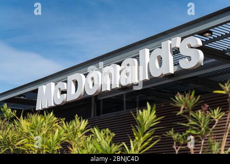 McDonald's fast food restaurant logo seen in Imperia, Liguria region, Italy Stock Photo